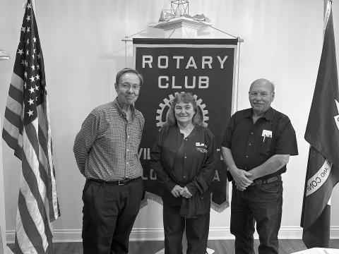 Pictured from left are KVPI General Manager Mark Layne, Heritage Manor Activity Director and Rotarian Pat Duplechin, and Rotary President Bob Manuel. (Gazette photo by Tony Marks)