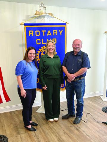 From left are Rotarian Ashlyn Ortego, CEO of Mercy Regional Medical Center Ashley Fontenot, and Rotary President Bob Manuel. (Gazette photo by Tony Marks)