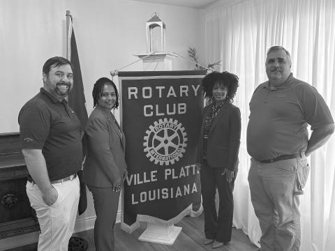 (Left photo) From left are Rotary President Beau Wilson, Angela Angello, Crystal Brooks, and Rotarian Scott Smith. Angello and Brooks were guest during the April 14 meeting of the Rotary Club of Ville Platte. 