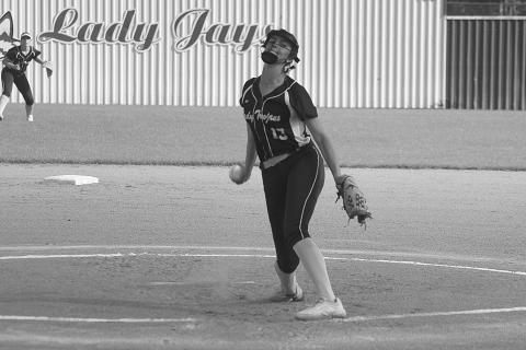 Sacred Heart starting pitcher Halle Lafleur prepares to deliver a pitch against St. Edmund on Thursday. (Gazette photo by Rhett Manuel)