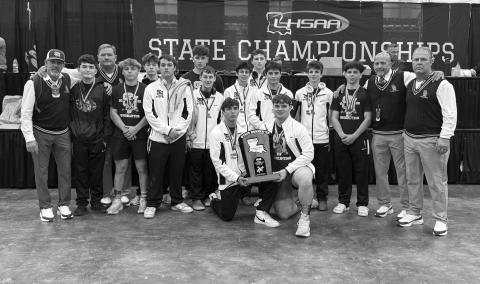 Pictured in the left photo are the Sacred Heart boys who finished as state runner-up in powerlifting. Among them are Liam Kincanon, Gavin Patin, Sam LaFleur, Andre Morein, Evan Huffman, Landon Fontenot, Houston Daigle, Ty Pepiton, Luke Vidrine, and JD LaHaye.