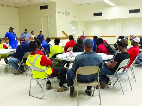 City of Ville Platte employees attend a safety meeting at the civic center on May 28. Standing from left are City Councilman Shawn Roy, Mayor Ryan LeDay Williams, and Councilwomen Anna Frank and Christina Sam. (Photo courtesy of Mayor Ryan LeDay Williams)
