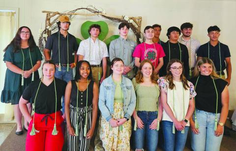 SENIOR HONOR CORDS PRESENTED -  Receiving their senior 4-H honor cords were, kneeling in front from left, were Kenzie Lafleur, Amyra Gray, Daisy Berzas, Ali Fontenot, Ellen Deshotel and Ava Newman. Standing in back, same order are Abigali Roy, Seth Paul, Lance Fontenot, Justin Castille, Ian Coreil, Eli Thomas, Javier Deshotel, Collin Deville and Shaun Young.