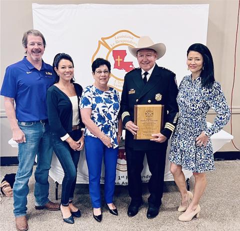 Pictured from left are Ben Marcantel, Hollie Guillory, Pam Guillory, Sheriff Charles Guillory, and Whitney Guillory. The sheriff is pictured with an award for being inducted into the Louisiana First Responders Christian Association Hall of Fame on Friday, October 25, in Lafayette. (Photo courtesy of Evangeline Parish Sheriff’s Office)