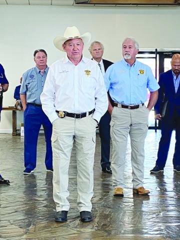 Evangeline Parish Sheriff Charles Guillory (center front) is pictured as he speaks during a crime response meeting at Ville Platte City Hall. Also pictured (from left) are Kyle Ardoin with the governor’s office, Secretary of Office of Juvenile Justice Kenneth Loftin, Rapides Parish Sheriff Mark Wood, and Larry Freeman with the attorney general’s office. (Photo by Misty Parker/ KVPI)