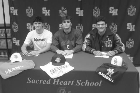 From left are Ethan Karonika (signed with Louisiana Christian University), Zeph Arnold (signed with College of Charleston), and Isaac Leger (signed with Baton Rouge Community College. (Gazette photo by Tony Marks)