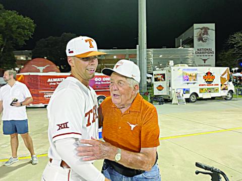 Pictured is Ville Platte native Silas Ardoin (left) as he meets his great-grandfather Wilbert Ardoin after playing in the NCAA Super Regionals. Ardoin and his Texas Longhorns advanced to the College World Series. (Photo by Nick LeBas) 