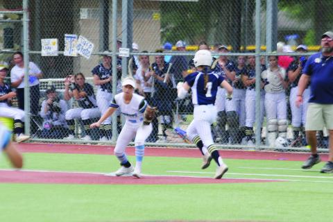 Sacred Heart’s Jacelyn Pitre (7) hustles down the first base line during the Lady Trojans’ 13-3 loss to district rival Catholic-Pointe Coupee in the state softball seminfinals at Sulphur. (Gazette photo by Rhett Manuel)