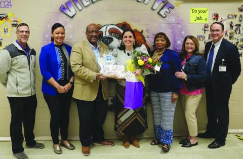From left are Ville Platte Elementary Assistant Principal Davis Ardoin and Principal Katrina Ardoin, Superintendent Darwan Lazard, Louisiana Middle School Teacher of the Year Semifinalist Jessica Capseta, Teacher of the Year Coordinator Grace Sibley, Elementary Supervisor Cherie Fontenot, and Assistant Superintendent Mike Lombas. (Gazette photo by Tony Marks)