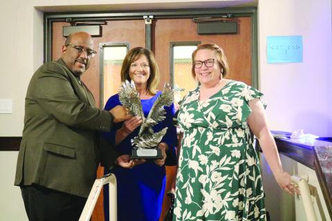 From left are Superintendent Darwan Lazard, Chataignier Elementary Principal Leslie DesHotels, and Elementary Teacher of the Year Jennifer Beth Brown. (Gazette photo by Tony Marks)