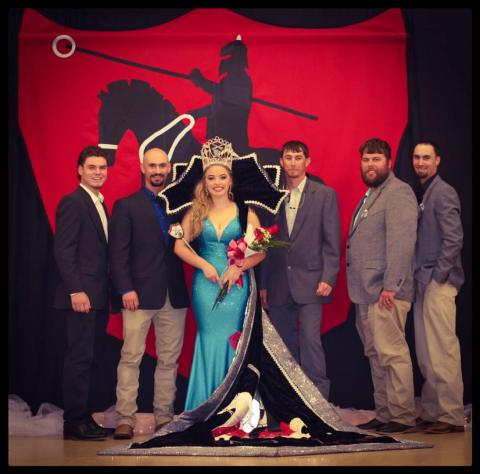 A QUEEN AND HER KNIGHTS - The top five riders from last year’s Tournoi run pose with newly crowned Louisiana Tournoi Queen  Ainsley Claire Quibodeaux. From left, they are William Fontenot, standing in for John Ross Guillory; Ryan Haller; Marcus Guillory; Nick Miller, standing in for Eric Guillory; and Alex Haller. (Photo courtesy of Jenny Deshotel)