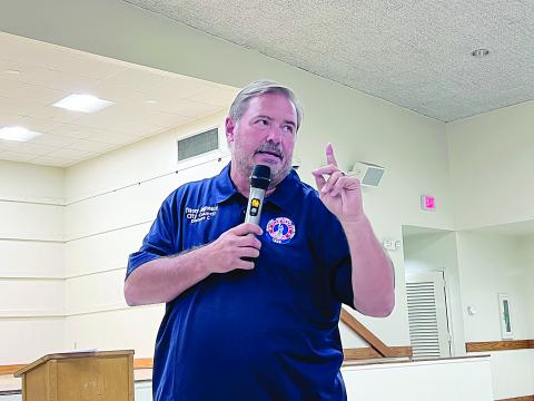 Tracey Jagneaux, Ville Platte city councilman from District C, addresses members of the community during a special meeting held at the Ville Platte Civic Center on Wednesday, August 30. (Gazette photo by Nancy Duplechain)