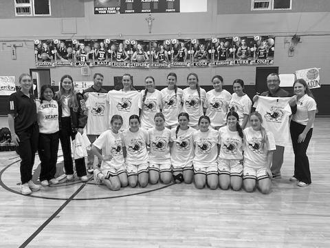 The Sacred Heart Lady Trojans finished as runner-up in the annual Turkey Tournament. Pictured are Head Coach Craig Whittington, Assistant Coach Shane Darbonne, Manager Caroline Richardson, Videographer Layla McElwee, Statisticians Emily Ardoin and Jenna Manuel, and players Taylor Darbonne, Kali Shiver, Jodie Landry, Ava Johnson, Rose Ardoin, Jolie Vidrine, Olivia Tate, Laura Prudhomme, Breanne Ardoin,  Averie Pitre, Mary Perron, Alyssa Brignac, and Josie Vidrine.  (LSN photo by Tony Marks)