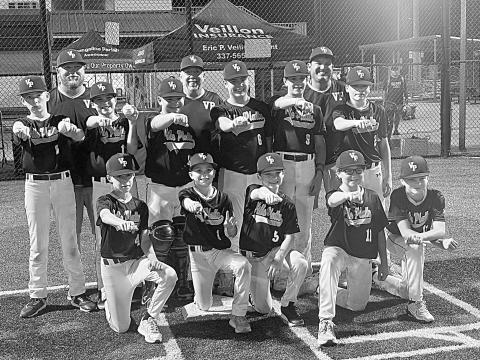 The Ville Platte DYB Major All Stars defeated Mamou two games to one to win the district tournament. Coaches are Josh Fontenot, Tucker Addington, and John Deranger; players are Jax Fontenot, Drew Chapman, Hayes Mayeaux, Thomas Fontenot, Karson McFarlain, Ryker Addington, Andrew Bischoff, Ethan Deranger, Wyatt Deville, Brantley Guillory, and Hudson Fontenot. (Photo courtesy of Ville Platte Dixie Youth Baseball)