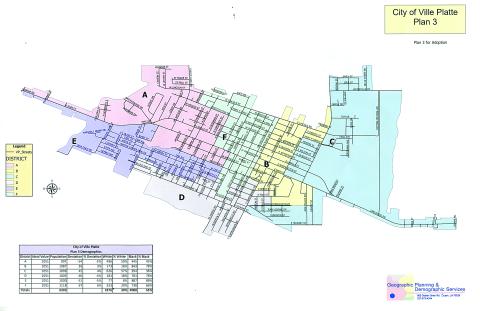 The new Ville Platte city council districts are shown above. District A (Faye Lemoine) is shown in pink, District B (Jerry Joseph) is shown in yellow, District C (Mike Perron) is shown in blue, District D (Jordan Anderson) is shown in silver, District E (Christina Sam) is shown in purple, and District F (Bryant Riggs) is shown in green. The new district lines are in place for the election which will be held on Tuesday, November 8.