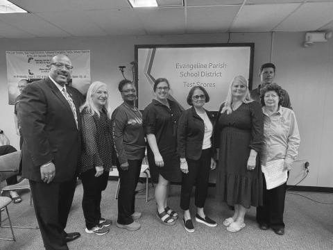 WW Stewart was recognized as having the highest percentage of growth in LEAP proficiency in the district. Shown, from left, are Superintendent Darwan Lazard, Renee Walden, WWSE Speech Patholoogist; Elaine Noel, PE Teacher; Caroline Thomas, Instructional Strategist; Renee Goodly, Assistant Principal; Tracey Pitre, Principal and Title I Director Maryann Fontenot. Standing behind Fontenot is board member Nick Chaumont. (Gazette photo by Heather Bogard)