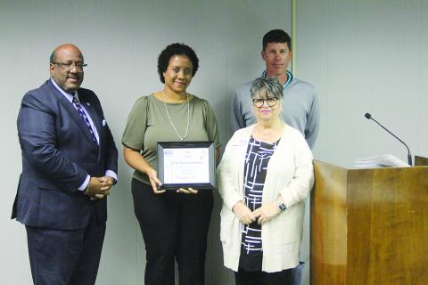 From left are (front row) Supt. Darwan Lazard, W.W. Stewart Elementary Principal Danielle Young, and United Way of St. Landry/Evangeline Director Ginger LeCompte; (back row) board member Nick Chaumont. (Gazette photo by Tony Marks)