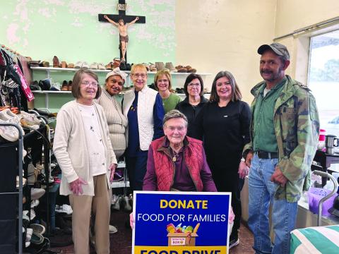 Volunteers at the Christian Care and Share Center are preparing for the 39th Annual Food For Families Drive, which will be held Tuesday, November 9. Seated in front is Eugene Fontenot. Standing in back, from left, are Sarah Webb, Melissa Arvie, Becky Miller, Michelle David, Liz Vidrine, Kaera Doucet and Hillery Richard. Not pictured are Mary Freeman, Eva Smith, Rose Fontenot, Monette Richardson, Sharlene Znamierowski, Claudia Ortego, and Darlene Soileau. (Gazette photo by Heather Bogard)