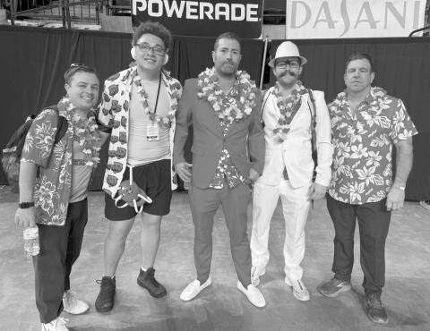 BEST-DRESSED AT STATE - The La. High School Coaches Association shared this photo above on Facebook prior to the championship rounds of the state wrestling tourney with the following caption: Waiting to see who will be State Champions on the mats, but we have confirmed a front runner in best dressed…introducing the Basile Bearcat coaching staff. From left are Ben Bertrand, Romyn Cortez, senior wrestler; Patrick Fontenot, Gabe Duplechin, and Jason Ashford.