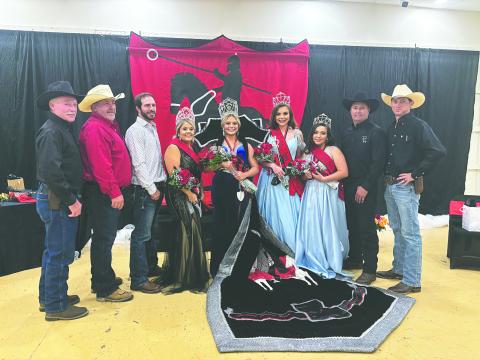 QUEENS AND THEIR RIDERS - Shown, from left, are Kent Saucier, Keith Saucier, John Ross Guillory, Ms. Queen Kimberly Naquin Fontenot, Louisiana Tournoi Queen Taylyn LaCombe, Teen Queen Ann-Kathryn Vidrine, Jr. Queen Arris Fontenot, Bryan Fontenot, and Marcus Guillory. (Gazette photo by Heather Bogard)