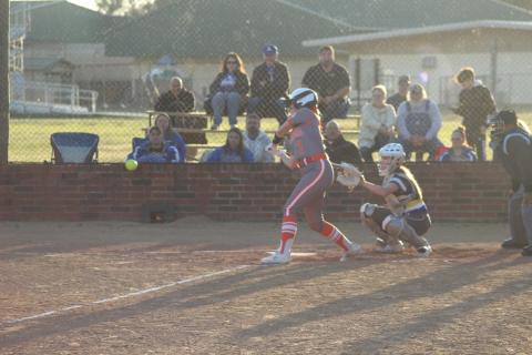 Khaki Olsen (7) waits for a pitch to cross the plate as her Pine Prairie Lady Panthers defeat Buckeye 6-4 Monday night. (Gazette photo by Rhett Manuel)
