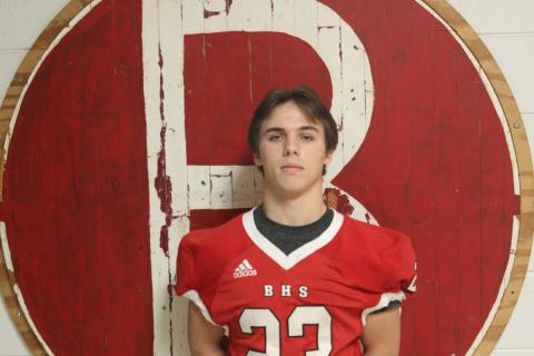 At 5’8” and 170 pounds, Baylor McCoy, the All-District Co-MVP on defense, recorded 94 tackles, 2 tackles for loss, 1 sack, and 1 blocked punt on the season for his Basile Bearcats. (Gazette photo by Rhett Manuel)