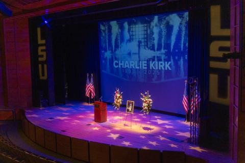 The empty stage sits Friday, Sept 12, 2025, in the LU Student Union Theater in Baton Rouge. (Al Persicke / The Reveille)