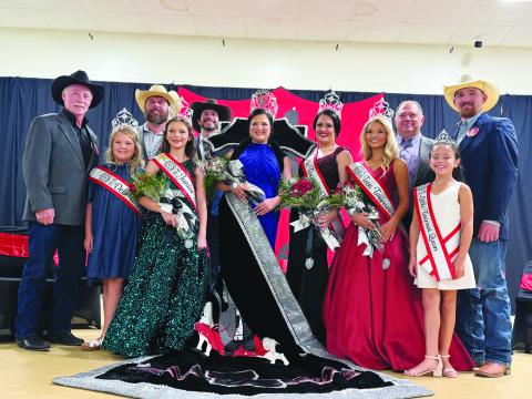 QUEENS AND THEIR RIDERS - In the front row, from left, are Deb Miss Tournoi Huxley Emerson Pepiton, Junior Miss Tournoi Elizabeth Kathryn Reed, Louisiana Tournoi Queen Courtlyn Janae Gremillion, Ms. Tournoi Queen Winter Alexis Duhon, Teen Tournoi Queen Lily-Ann Kate Blanchard and Little Tournoi Queen Kaiya Everly Redmon. In the back row, from left, are Tournoi riders Kent Saucier, Nick Miller, Marcus Guillory, Cody Manuel and Brandon Snokes. (Gazette photos by Heather Bogard)