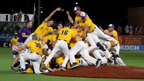 Members of the LSUE baseball team celebrate on the field after capturing their 8th national championship in program history. (Photo courtesy of LSUE Athletics)