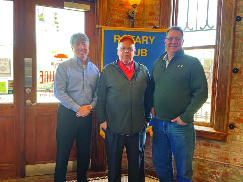 ROTARY WELCOMES GUEST - Dr. Malcolm Vidrine, center, was the guest speaker of the January 4, meeting of the Ville Platte Rotary Club. He is shown with Rotary President Jimmy LeBlanc, left, and Rotarian Dr. Philippe Vidrine, right. (Gazette photo by Heather Bogard)