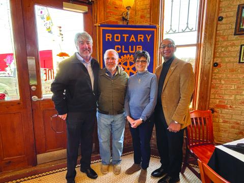 TIME CAPSULE REMEMBERED -  Shown, from left, are Rotarians Jimmy LeBlanc and Ronnie Landreneau, Treasurer Annette Johnson and Rotary President Brian Ardoin. Johnson and LeBlanc talked about the burial of a time capsule by the Rotary Club in 2012 as part of Evangeline Parish’s Centennial celebration. (Gazette photo by Heather Bogard).