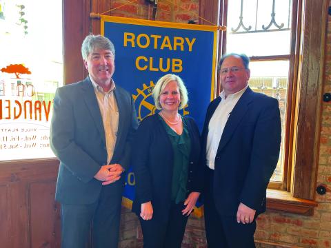 UPDATE PRESENTED - Heidi Melancon, director with the Louisiana Small Business Development Center, was the guest speaker for the January 11, meeting of the Ville Platte Rotary Club, She is shown with Rotary President Jimmy LeBlanc, left, and Rotarian Wayne Vidrine, right. (Gazette photo by Heather Bogard)