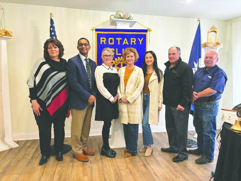 ECONOMIC DEVELOPMENT AUTHORITY ESTABLISHED - Board members of the Evangeline Parish Economic Authority, from left are board members Liz Chatelain and Brian Ardoin, President Opal Andrus, Representative Rhonda Butler, and board members Maggie Eades and Eric Fontenot. They are shown with Rotary President Bob Manuel (right). (Gazette photo by Heather Bogard)
