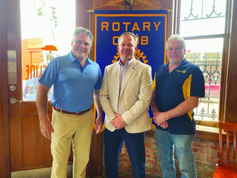 ASSESSOR VISITS ROTARY CLUB - During the January 17, meeting of the Ville Platte Rotary Club, Evangeline Parish Assessor Chris Guillory (center) gave an update on the assessor’s office. He is shown with Rotarian Eric Gil (left) and Rotary President Larry Lachney (right). (Gazette photo by Heather Bogard)