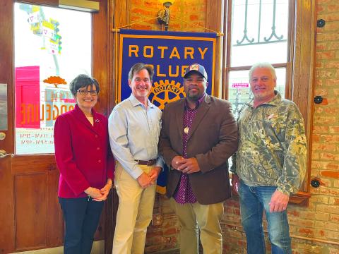 VP MAYOR AND CLERK VISIT ROTARY CLUB - Ville Platte Mayor Ryan Leday Williams and City Clerk Donald Bergeron visited the January 24, meeting of the Ville Platte Rotary Club. Shown, from left, are Rotarian Annette Johnson, Bergeron, Williams and Rotary President Larry Lachney. (Gazette photo by Heather Bogard)