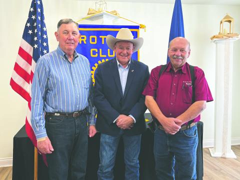 UPDATE ON NEW JAIL FACILITY GIVEN - Evangeline Parish Sheriff Charles Guillory (center) visited the February 4, meeting of the Ville Platte Rotary Club to give members an update on the progress of the new jail facility being built in Industrial Park. He is shown with Rotarian Bill Brunet (left) and Rotary President Bob Manuel (right). (Gazette photo by Heather Bogard)