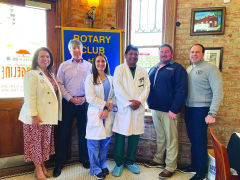 DR. PATLOLA DISCUSSES SERVICES - During the February 8, meeting of the Ville Platte Rotary Club, Dr. Raghotham Patlola discussed the various cath and cardiology services available at Mercy Regional Medical Center. Shown, from left, are Rotarian Renee Brown, Rotary President Jimmy LeBlanc, nurse practitioner Stepheny Sumrall, Dr. Patlola, Mercy Regional CEO Kristopher Aguillard and Rotarian Darin Bordelon. (Gazette photo by Heather Bogard)