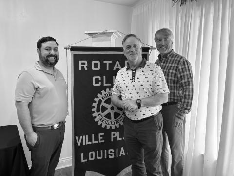 BENEFITS OF MOVEMENT SHARED - David Vidrine with Healthworks Rehab (center) visited the February 10, meeting of the Ville Platte Rotary Club to talk about the many health benefits of exercising. He is shown with Rotary President Beau Wilson (left) and Rotarian Jimmy LeBlanc (right) (Gazette photo by Heather Bogard)
