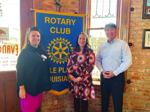 LANDRENEAU DISCUSSES NEW SERVICES - During the February 15, meeting of the Ville Platte Rotary Club, Abby Landreneau discussed her new human resources and business strategy coaching endeavor. She is shown with Rotary Secretary Renee Brown, left, and Rotary President Jimmy LeBlanc, right.(Gazette photo by Heather Bogard)