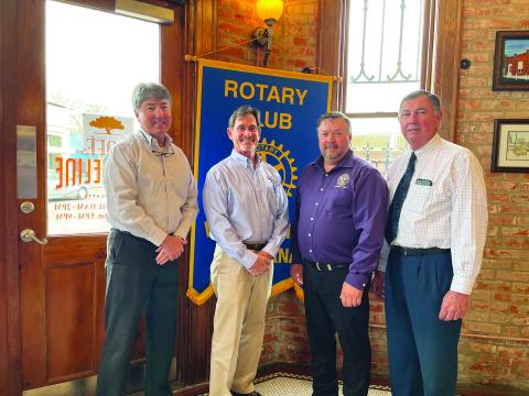 EPPJ UPDATE GIVEN - Shown, from left, are Rotary President Jimmy LeBlanc, Police Jury Secretary/Treasurer Donald Bergeron, Vidrine, and Rotarian Bill Brunet. (Gazette photo by Heather Bogard)
