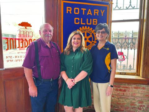 CARE AND SHARE CENTER WORK DISCUSSED -  Shown, from left, are Rotarian/President-Elect Bob Manuel, Kaera Doucet with the Christian Care and Share Center in Ville Platte and Rotary Secretary Annette Johnson. Doucet gave a brief update on the work they do to provide assistance to the less fortunate in the community. (Gazette photo by Heather Bogard)
