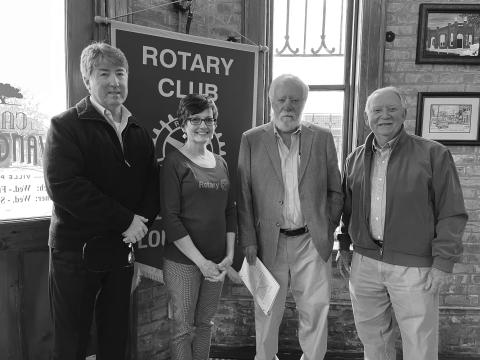 BRADSHAW VISITS - Columnist and author Jim Bradshaw shared stories about the history of South Louisiana with the Ville Platte Rotary Club during the group’s March 8, meeting. Shown, from left, are Rotary President Jimmy LeBlanc, Rotarian Annette Johnson, Bradshaw, and Rotarian Brent Coreil. (Gazette photo by Heather Bogard)