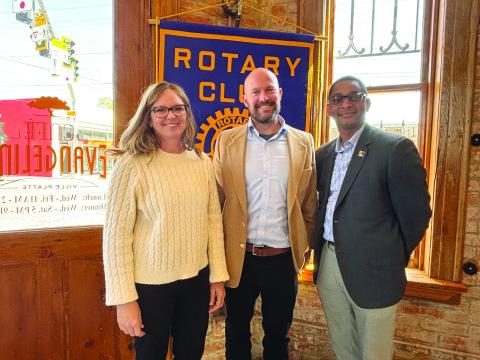 MEMBERS LEARN ABOUT ARCHAEOLOGY RESEARCH -  Shown, from left, Rotarian Nicole Wenger, Louisiana State Archaeologist Samuel Huey and Rotary President Brian Ardoin. (Gazette photo by Heather Bogard)