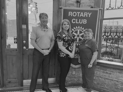 DUPLECHIN DISCUSSES ELDERLY HOUSING - Amanda Duplechin, property manage at Savoy Heights in Mamou, (center) addressed the March 22, meeting of the Ville Platte Rotary Club. She is shown with Rotary President Jimmy LeBlanc (left) and Rotarian Patricia Duplechin (righrt). (Gazette photo by Heather Bogard)