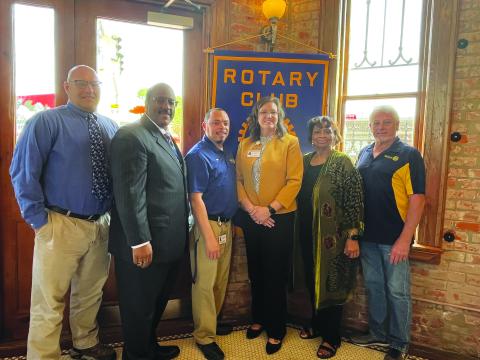 Shown, from left, are Kenneth Kidder (Basile High School teacher), Lazard, Patrick Guillory (assistant principal Evangeline Reimagine Academy), LeJeune, Grace Sibley (teacher of the year coordinator) and Rotary President Larry Lachney. (Gazette photo by Heather Bogard)