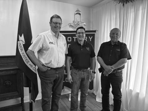MEDICARE OPTIONS DISCUSSED - Tony Palumbo (center) shared important information on available Medicare options during the April 1, meeting of the Ville Platte Rotary Club. He is shown with Rotarian Mitch Fontenot (left) and Rotary President Bob Manuel (right). (Gazette photo by Heather Bogard)