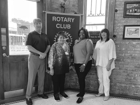 CLINIC SERVICES DISCUSSED - Willona Bertrand, volunteer with Eunice Community Health Center, addressed the April 5, meeting of the Ville Platte Rotary Club. Shown, from left, are Rotary President Jimmy LeBlanc, Rotarian Mable Foreman, Bertrand, and Barbara Blood. (Gazette photo by Heather Bogard)