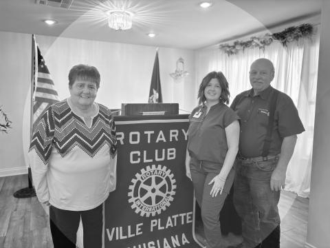 HOSPICE CARE DISCUSSED - Kimmie Bordelon (center) shared important information on hospice care during the April 8, meeting of the Ville Platte Rotary Club. She is shown with Rotarian Mable Foreman (left) and Rotary President Bob Manuel (right) (Gazette photo by Heather Bogard)
