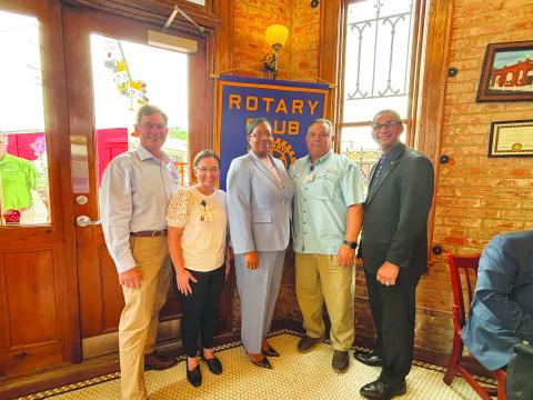 MENTAL HEALTH DISCUSSED -  Shown, from left, are Rotarian Donald Bergeron, Mercy Regional Medical Center Marketing Director Ashlyn Ortego, Psychiatric Nurse Practitioner Selecia Joy Egby, Mercy Regional Medical Center CEO David Ingram and Rotary President Brian Ardoin. (Gazette photo by Heather Bogard)