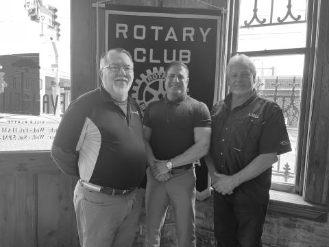 ROTARIANS WELCOME FONTENOT - Eric Fontenot was the guest speaker for the April 11, meeting of the Ville Platte Rotary Club. He is shown with Rotarian Dan Poret (left) and Rotary President Larry Lachney (right). (Gazette photo by Heather Bogard)